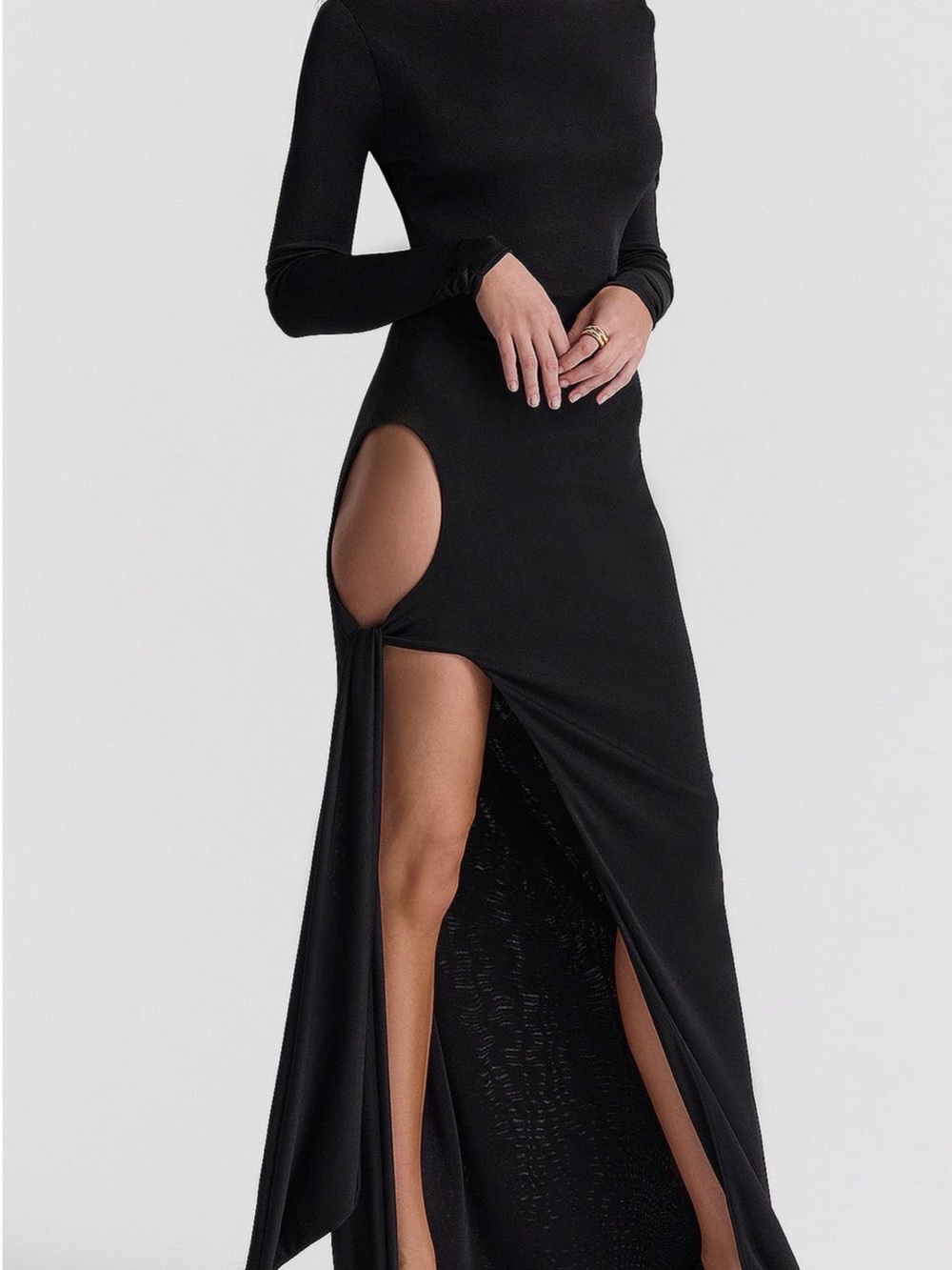 House of CB Black Long-Sleeve High-Slit Maxi Dress